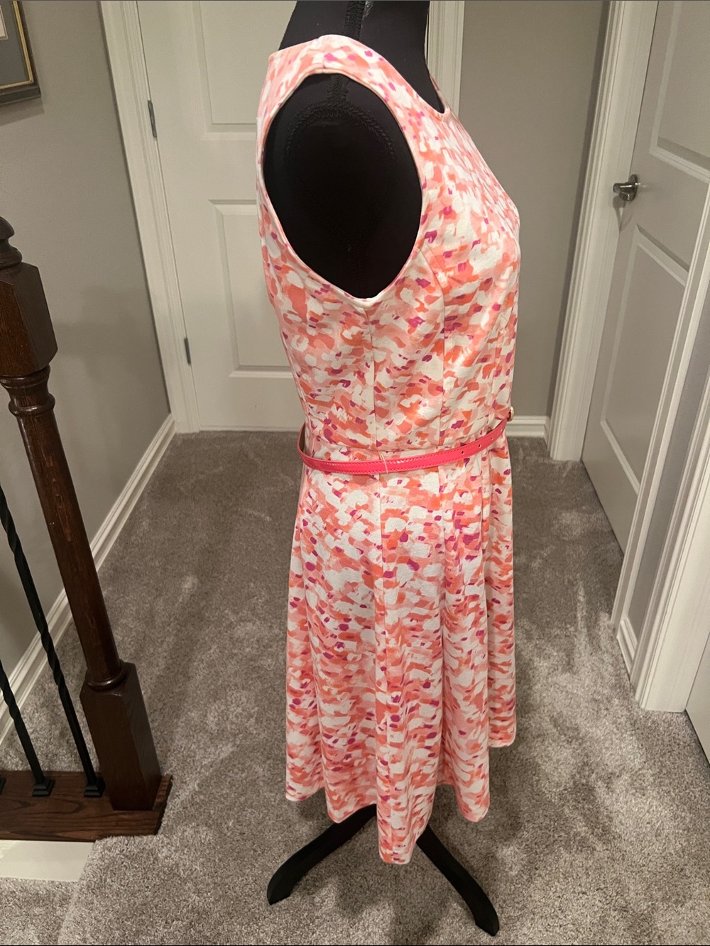 Coral, Pink & White Sleeveless Fit-and-Flare Midi Dress - Picture 5 of 9